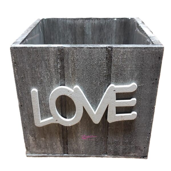 Cubo de Madeira Cinza "Love" 15x15cm H14cm