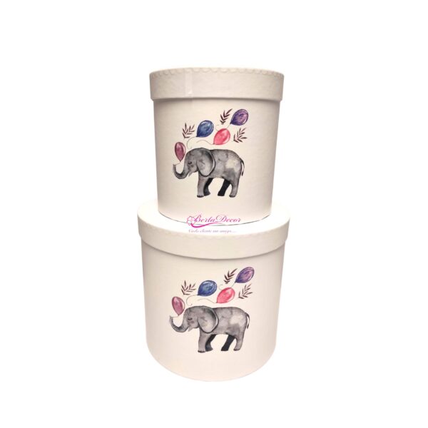 Conj. 2 Caixas Brancas c/ Elefante e Balões 20x20-16x16